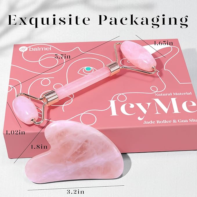 BAIMEI IcyMe Jade Roller & Gua Sha, Face Roller Redness Reducing Skin Care Tools, Self Care Pink Gift for Men Women, Massager for Face, Eyes, Neck, Relieve Fine Lines and Wrinkles - Rose Quartz-GlimoraGlow