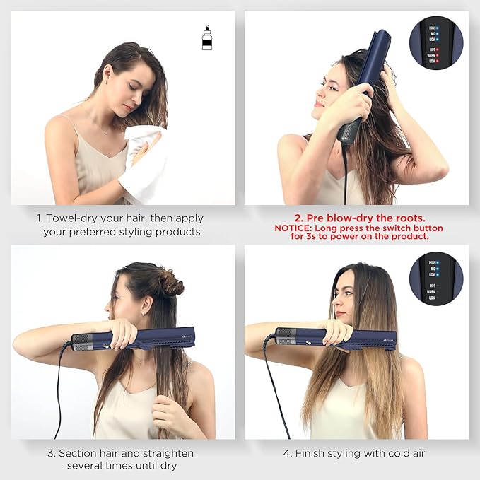 IG INGLAM Air Straightener, Style From Wet Hair, 2.2" Dryer Straightener, 200M Negative Ionic, One-Step Air Straight for Medium and Long Hair (14"-30"), Prussian Blue-GlimoraGlow