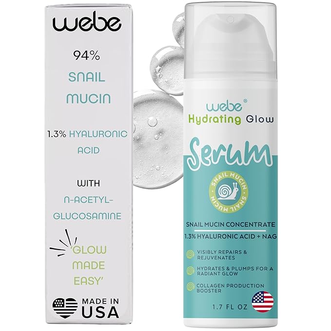 WEBE Naturals Snail Mucin 94% Hydrating Glow Serum | 1.3% Hyaluronic Acid & N-Acetyl Glucosamine | Collagen Boosting, Plumping, Anti Aging, Intense Moisturizing Serum for Radiant, Dewy Skin-GlimoraGlow
