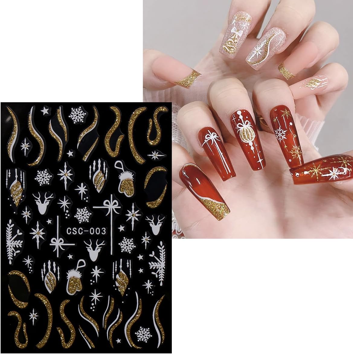 JMEOWIO 8 Sheets Christmas Glitter Nail Art Stickers Decals Self-Adhesive Snowflake Winter Holiday Cute Nail Supplies Nail Art Design Decoration Accessories-GlimoraGlow