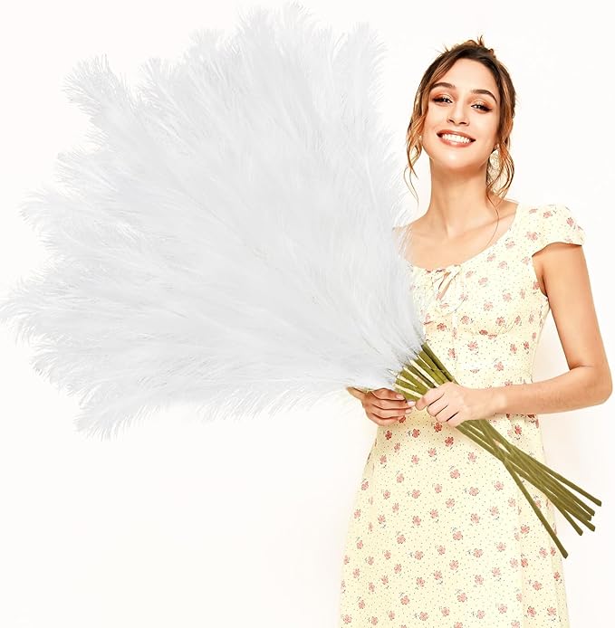 35" Faux Pampas Grass Decor, 8pcs Large Tall Fluffy Artificial Pompous Grass Branches Floral Fake Pompas Grass Bulrush Floor Vase Filler Flower Arrangement for Home Wedding Boho Decor-White