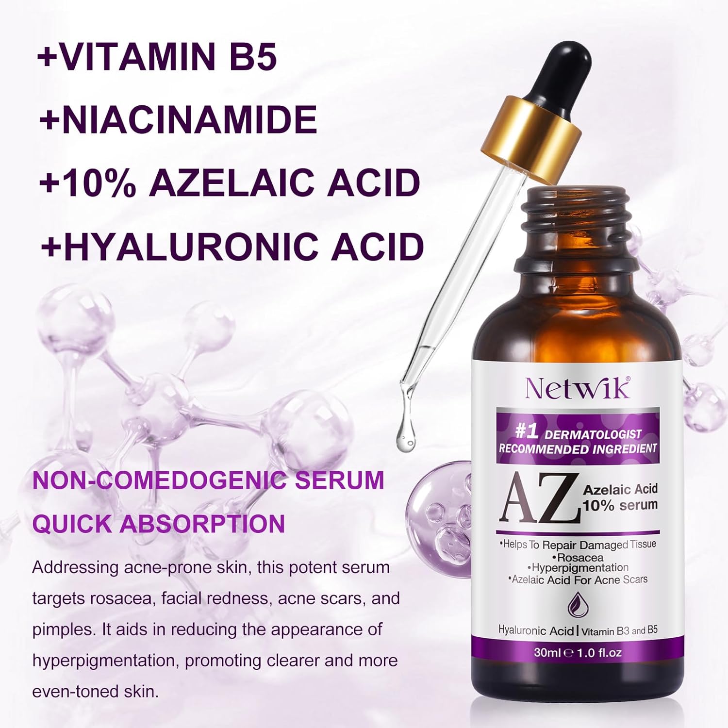 Azelaic Acid Serum - Azelaic Acid 10% for Acne Treatment - Fast Rosacea Skin Care - Redness Relief Face and Boost Skin Radiance with Niacinamide & Vitamin B3, B5 and Hyaluronic Acid, 1 Fl Oz-GlimoraGlow