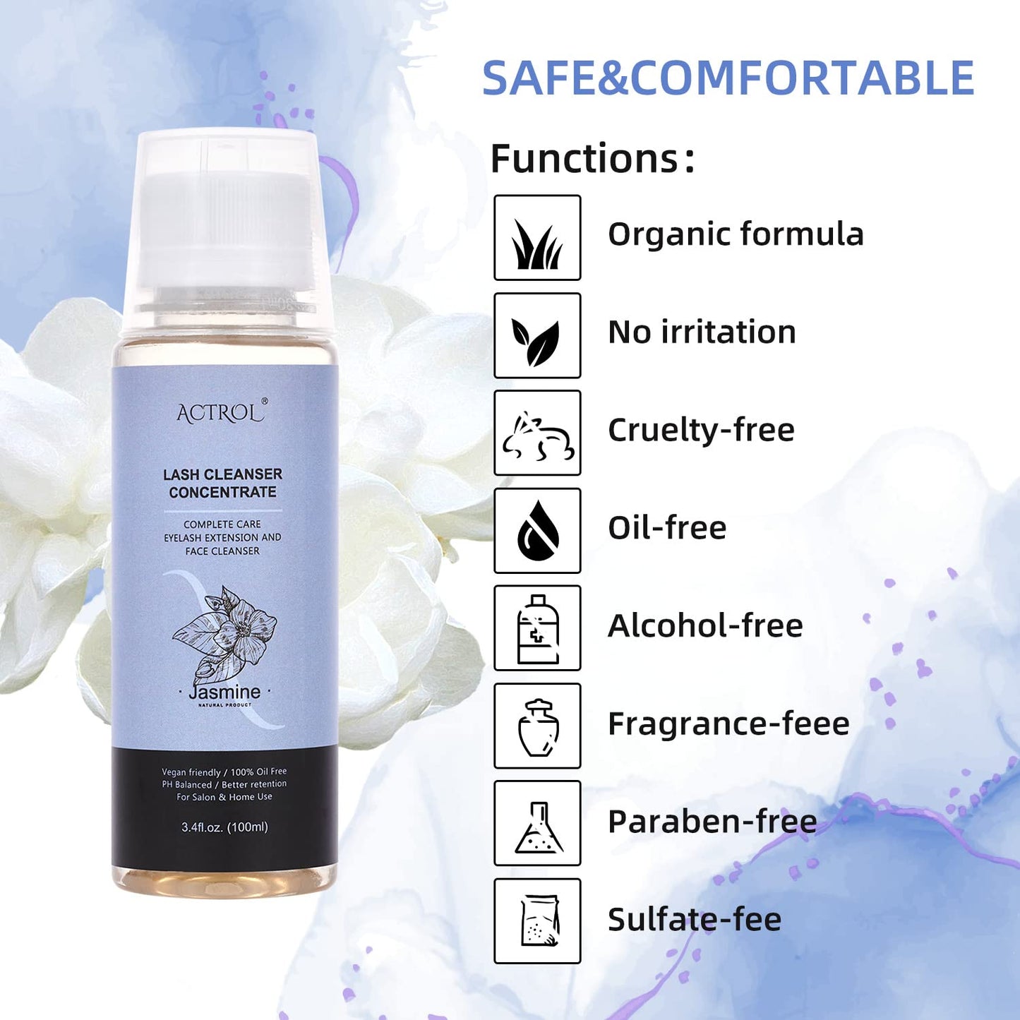 Eyelash Cleanser Concentrate 100ml Jasmine Professional Lash Shampoo Foaming Cleanser Paraben & Sulfate Free Non-lrritating Wash for Extensions Lashes with Salon Home Care-Makes 20 Bottles-GlimoraGlow