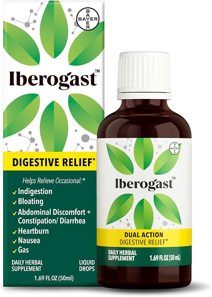 Iberogast Liquid Drops, Herbal Relief of Stomach Upsets: Occasional Indigestion, Bloating, Gas, Nausea, Upset Stomach; Gluten Free; 6-Herb Blend with Iberis Amara, Peppermint, Licorice; 50mL-GlimoraGlow