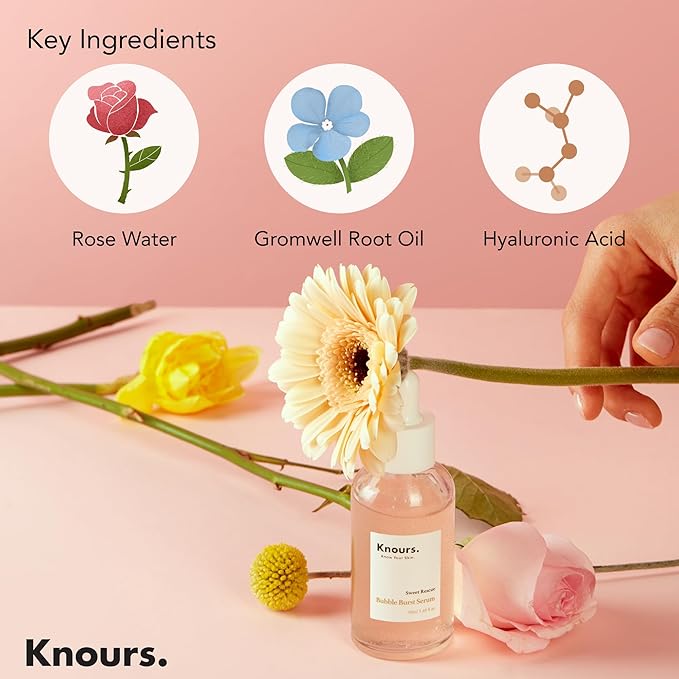 Knours. Balancing 5xHA+Gromwell Root oil Bubble Burst Serum w/ 59% Rose Water Niacinamide, Retinal Hydrating Healthy Serum for Improved Tone & Texture EWG Verified Clean Beauty 50ml/1.69fl. oz.-GlimoraGlow