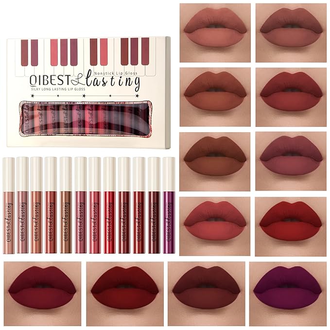 12Pcs Makeup Matte Lipstick Lip Kit, Classic Nudes & Bold Reds Lipstick Set, Non-Stick Cup Not Fade Liquid Lipstick Waterproof Long Lasting Durable Nude Lip Gloss, labiales mate 24 horas originale-GlimoraGlow