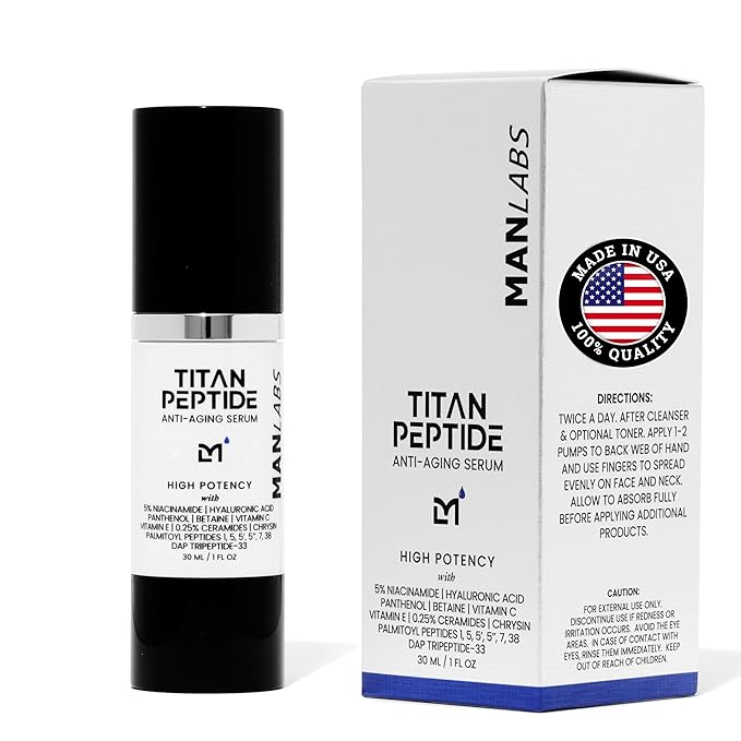 Titan Anti-Aging Peptides Serum for Face – High Potency Mens Peptide Serum Moisturizer – Mens Skin Care – Men, Dark Spots, Wrinkles, Fine Lines – Peptides, 5% Niacinamide, HA – Unscented-GlimoraGlow
