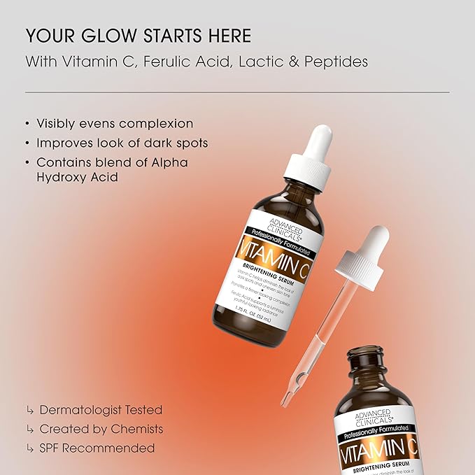 Advanced Clinicals Brightening Vitamin C Serum For Face With Glycolic Acid + Lactic Acid | Vitamin C Eye Serum Face Moisturizer For Improving Look Of Dark Spots & Uneven Complexion, 2-Pack-GlimoraGlow