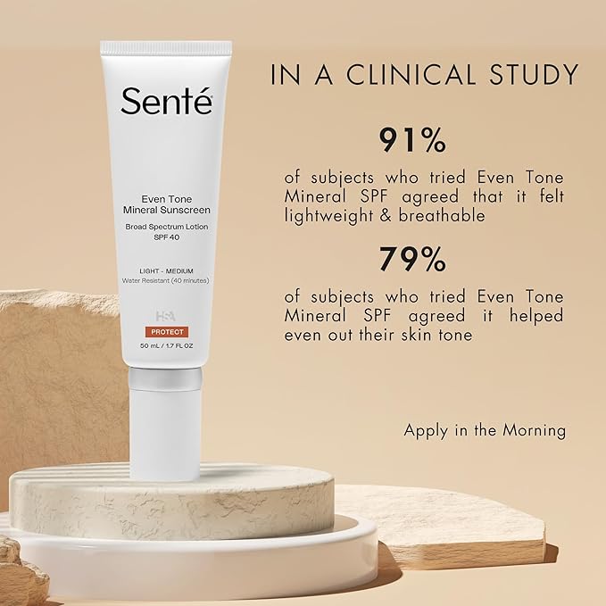 Senté Even Tone Mineral Sunscreen Tinted | SPF 40 Light-Medium | Hydrating, Lightweight Sun Protection Treatment for Redness & Discoloration | UVA/UVB & Blue Light Defense | 1.7 oz-GlimoraGlow