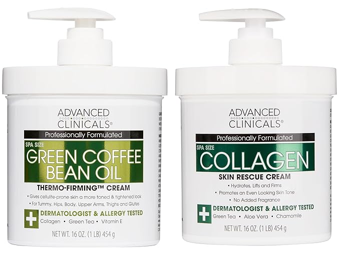 Advanced Clinicals Unscented Collagen Body Cream & Face Moisturizer + Green Coffee Bean Oil Thermo - Firming Body Cream For Women & Men Helps Reduce Appearance Of Cellulite Prone Skin & Dry Skin, 2pc-GlimoraGlow