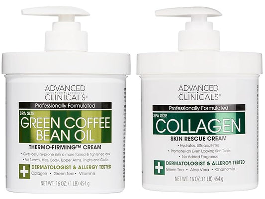 Advanced Clinicals Unscented Collagen Body Cream & Face Moisturizer + Green Coffee Bean Oil Thermo - Firming Body Cream For Women & Men Helps Reduce Appearance Of Cellulite Prone Skin & Dry Skin, 2pc-GlimoraGlow