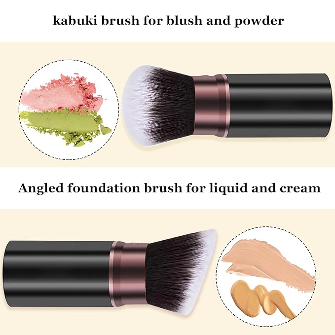 Retractable Makeup Brush, Travel Kabuki Powder Makeup Brush 2 Pack, Foundation Face Blush Brushes for Blending Liquid, Blush, Bronzer, Buffing, Sunscreen,Flawless Cosmetics-GlimoraGlow