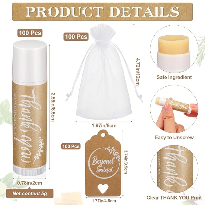 100 Set Thank You Lip Balm Bulk Small Natural Moisturizing Mini Lip Balm with Organza Bag and Card for Baby Wedding Bridal Shower Thank You Favors Bridesmaid Gifts Women Guests-GlimoraGlow