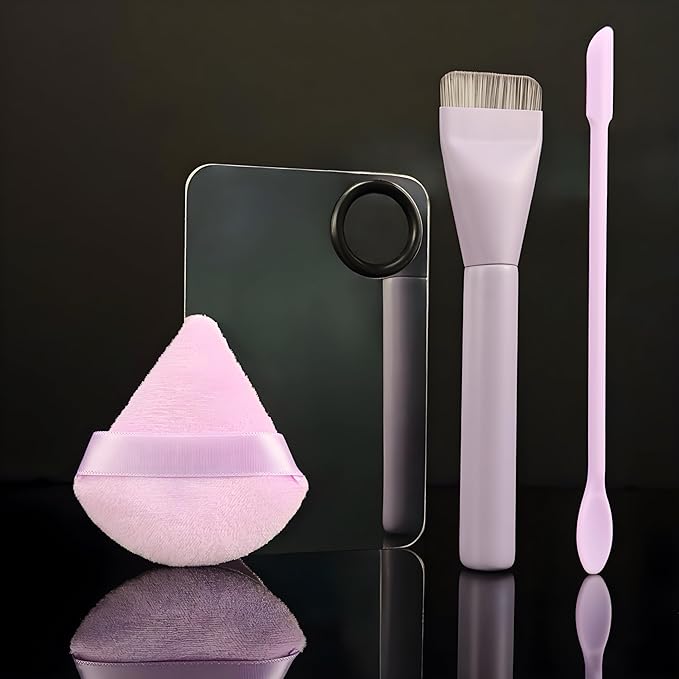 Makeup Brush Set - Flat Foundation Brush, Blender Sponge, Face Spatula, Puff & Heart-Shaped Mixing Palette with Leather Case – Complete Face Makeup Tool Kit for Blending, Foundation & Application-GlimoraGlow