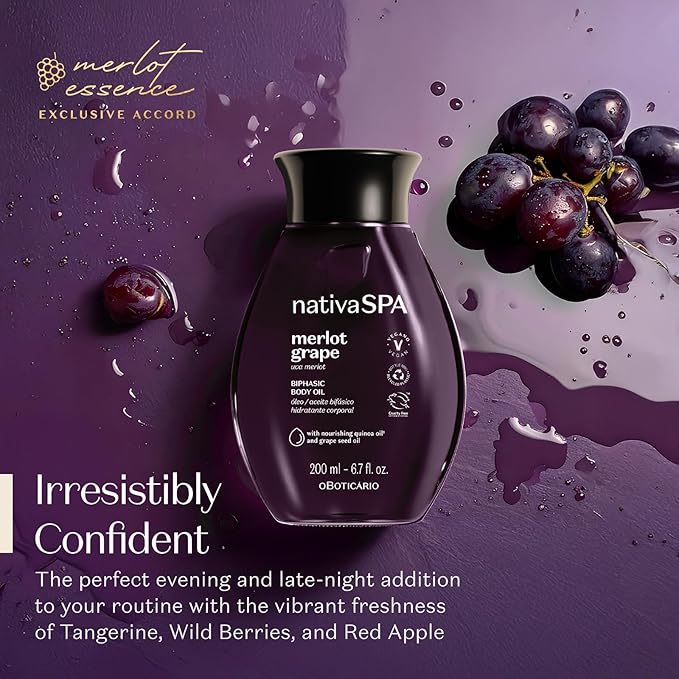 Nativa SPA by O Boticário Merlot Grape Biphase Body Oil, with Quinoa & Grapeseed Oils, Silky Glow with Hydration, 6.7 Ounce (200ml)-GlimoraGlow