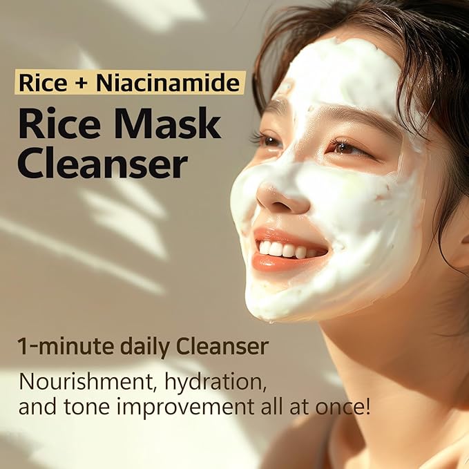 Rice Mask Cleanser 6.76 fl oz - Glow-Boosting & Hydrating Face Wash with Jeju Rice & Natto Gum, Gentle Exfoliating Daily Foam Cleanser, Deep Pore Cleansing, Non-Irritating- Korean Skin Care-GlimoraGlow