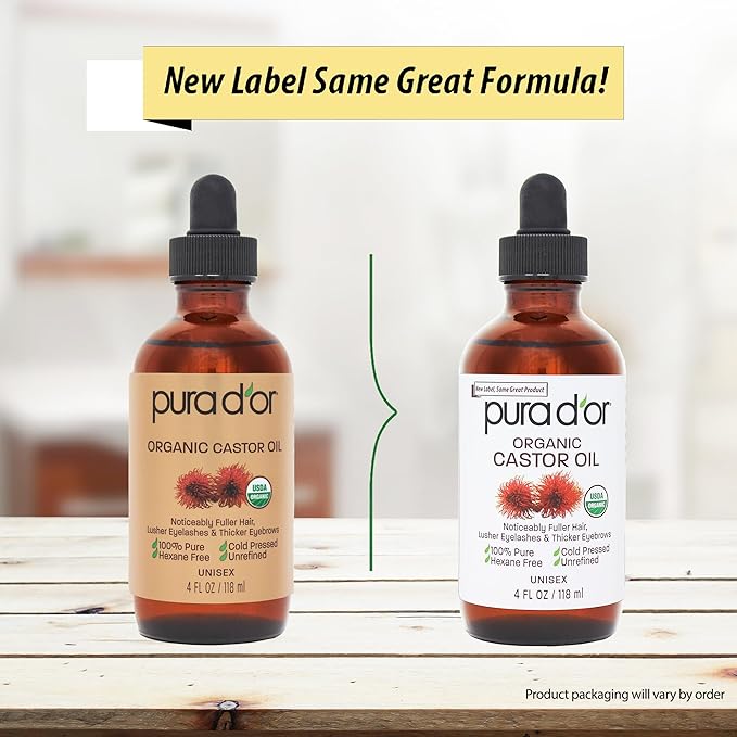 PURA D'OR 4 Oz ORGANIC Castor Oil - 100% Pure USDA Certified Cold Pressed, Hexane Free Eyelash & Eyebrow Serum - For Fuller, Thicker Lashes & Brows - Skin & Hair-GlimoraGlow