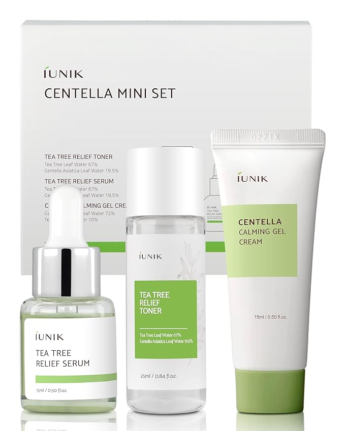 iUNIK Centella Mini Set Travel-Friendly Skincare Set Ultra calming and hydrating for sensitive skin - Tea Tree Relief Toner,Serum, Centella Calming Gel Cream-GlimoraGlow
