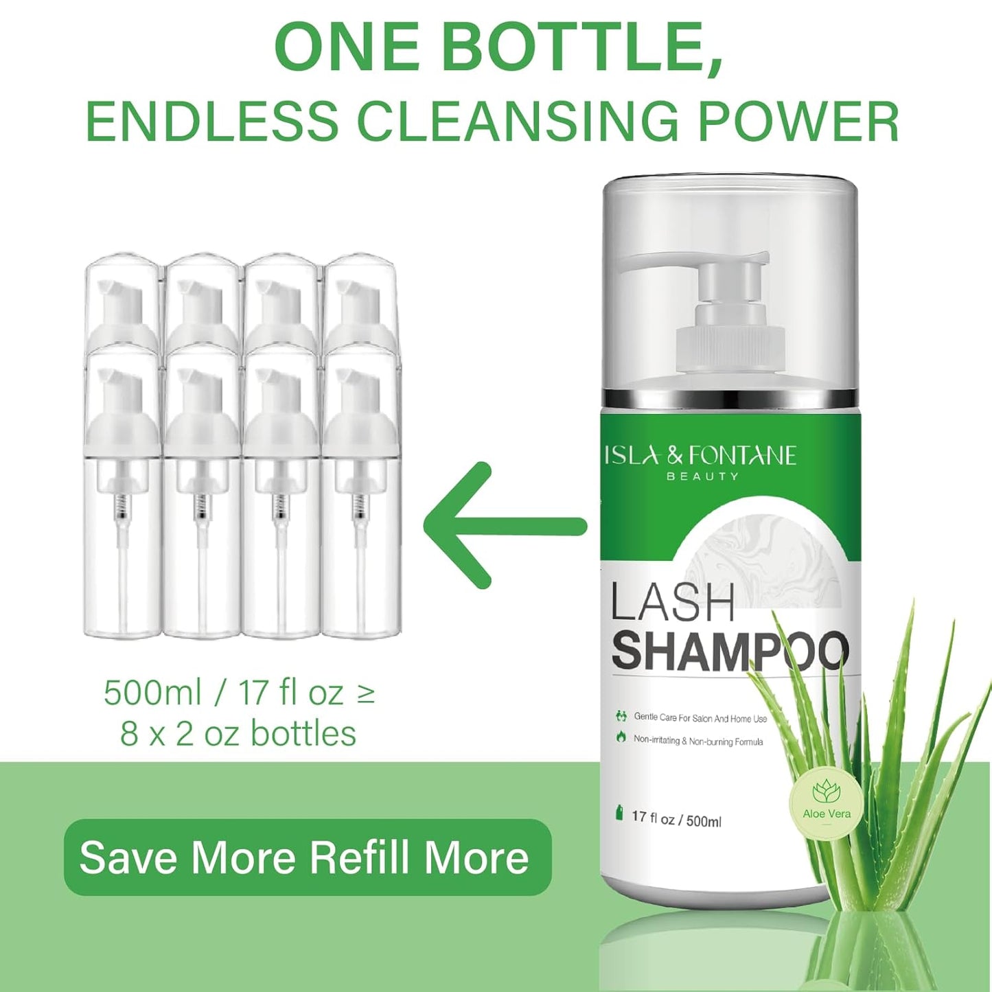 Isla & Fontane Lash Shampoo Bulk – Multi-Scent Series – 17 fl oz / 500ml | Gentle Eyelash Cleanser for Lash Extensions | Non-Irritating | Professional Lash Bath Foam For Salon And Home Use (Aloe Vera)-GlimoraGlow