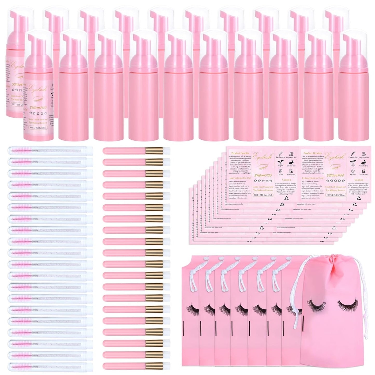 100 Pcs Lash Shampoo Bottle Brushes Set 20 Empty Foam Pump Dispensers 20 Label Stickers 20 Mascara Wands and Tubes 20 Cleansing Brush 20 Bag for Eyelash Extensions Aftercare(Pink)-GlimoraGlow