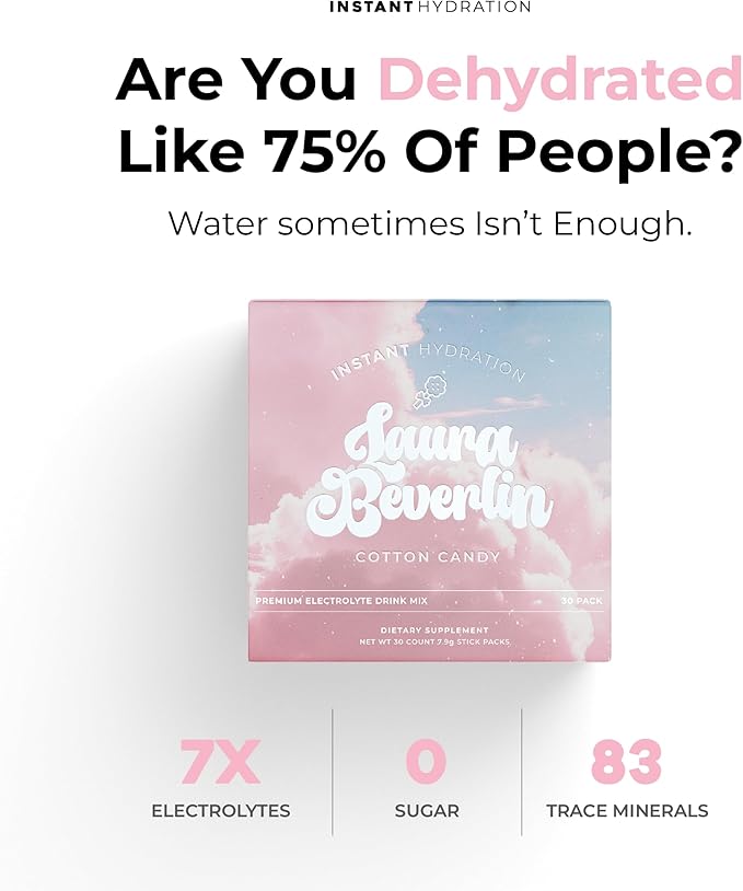 Instant Hydration Electrolytes Powder Packets - Cotton Candy Drink Mix - Zero Sugar - Keto, Vegan, Gluten-Free, Non-GMO - Boost Recovery, Brain Health, Muscle & Tissue Support- 30 Sticks-GlimoraGlow