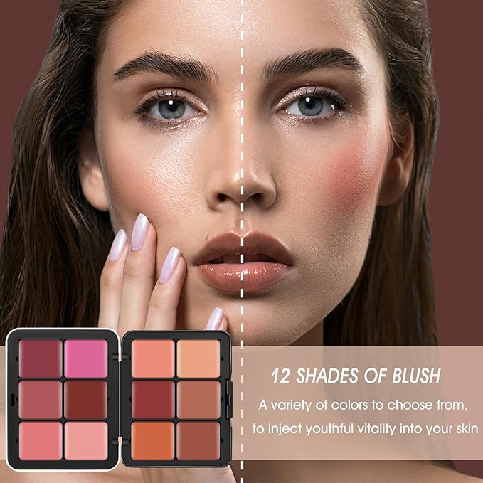 12 Colors Cream [Blush] Makeup Palette for Cheeks - Multi-functional Blush Makeup Palette with Brush, Natural Matte Long Wearing, Waterproof Blendable Face Makeup Palette (#01)-GlimoraGlow