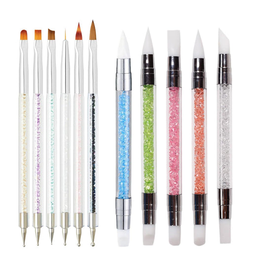 11Pcs Nail Art Brush Set, Dual Tipped Silicone Nail Tools, Nail Art Sculpture Pen, Crystal Handle Liner Brushes, Acrylic & Gel Nail Brush, Dotting Pens for Home and Professional Nail Salon-GlimoraGlow