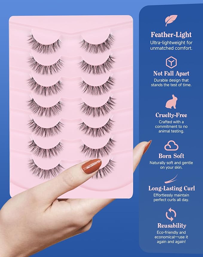 Lashes Short Natural Everyday Wispy Eyelashes Clear Band Flared Strip Eyelash Soft Lash Fluffy Pack 7 Pairs SF-09-GlimoraGlow