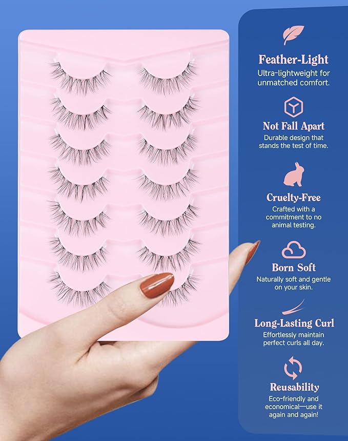 Lashes Natural CLear Band Wispy False Eyelashes Natural Look Flared Strip Eyelash False Eye Lash Soft 7 Pairs Everyday SF-02-GlimoraGlow