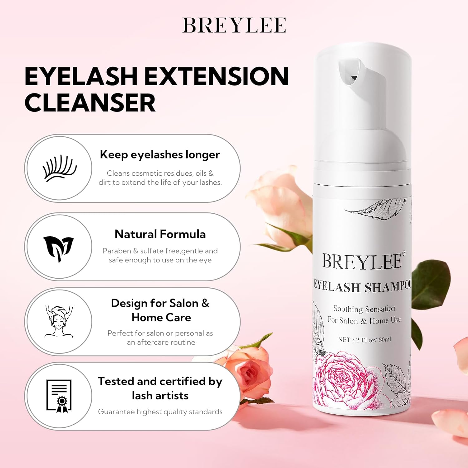 BREYLEE Shampoo for Lash Extensions, 60ml+Rinse Bottle+Brushes, Eyelash Extension Cleanser, Lash Wash Bath, Lash Cleaner for Makeup Cleansing Foams, Paraben & Sulfate Free for Salon and Home Use-GlimoraGlow