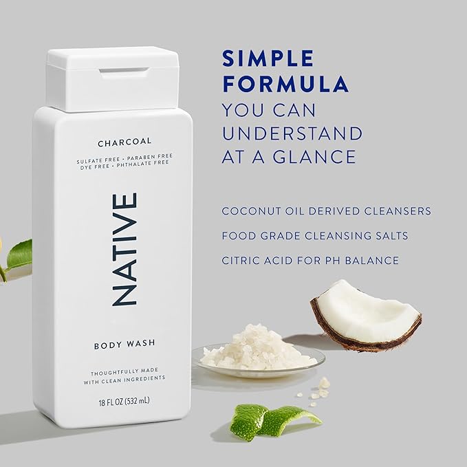 Native Body Wash Contains Naturally Derived Ingredients | For Women & Men, Sulfate, Dye, & Paraben Free Leaving Skin Soft and Hydrated | Charcoal 18 oz - 2 Pk-GlimoraGlow