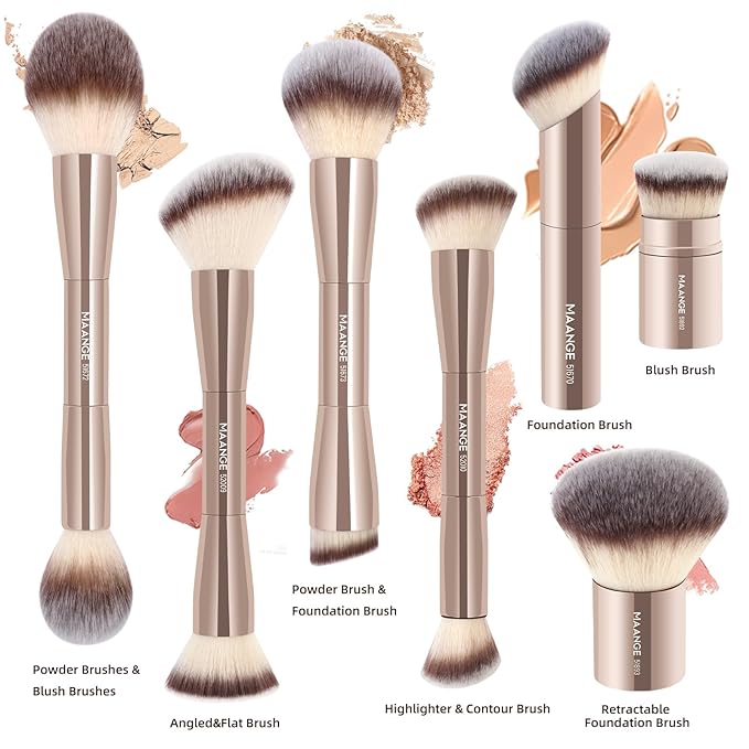 MAANGE 7pcs Makeup Brush Set Double Sided Kabuki Makeup Brushes Contour Brush for Foundation Liquid Powder Concealer Cream Cosmetics Bronzer Blending Blush Buffing Makeup Tools (Gold)-GlimoraGlow