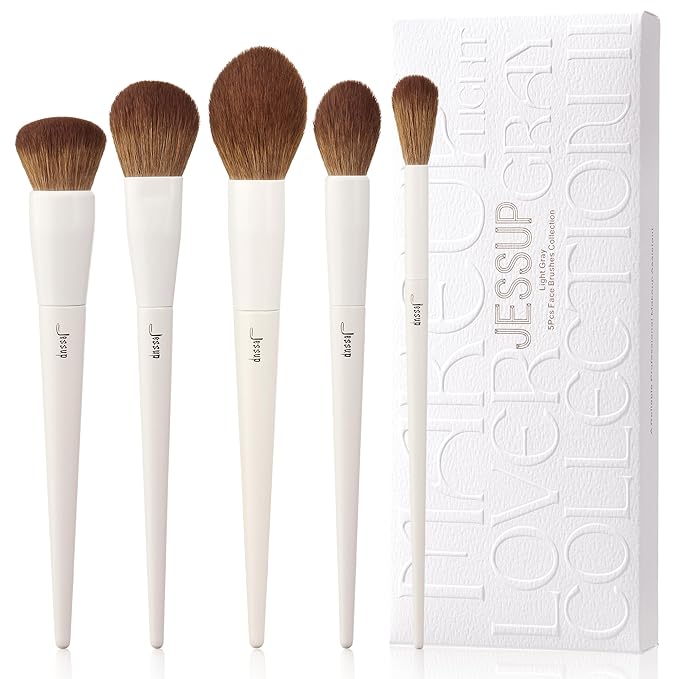 Jessup Makeup Brush Set 5Pcs Face Makeup Brushes Vegan Soft Foundation Brush Blush Brush Bronzer Contour Brush Highlighter Brush Fluffy Setting Powder Brush, Light Grey T493-GlimoraGlow