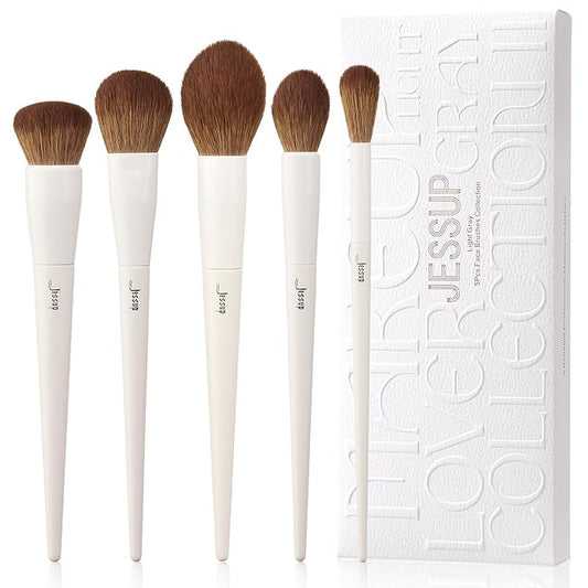 Jessup Makeup Brush Set 5Pcs Face Makeup Brushes Vegan Soft Foundation Brush Blush Brush Bronzer Contour Brush Highlighter Brush Fluffy Setting Powder Brush, Light Grey T493-GlimoraGlow