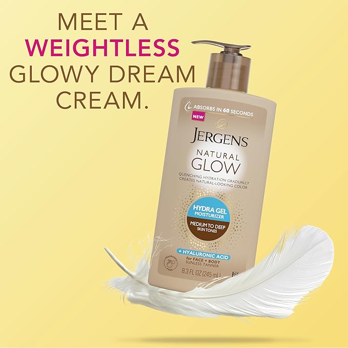 Jergens Natural Glow Hydra Gel Moisturizer, Gradual Tanning Lotion with Hyaluronic Acid, Hydrating Tanning Gel, Fragrance-Free Self Tanner, Medium to Deep Skin Tones 8.3 Fl Oz-GlimoraGlow