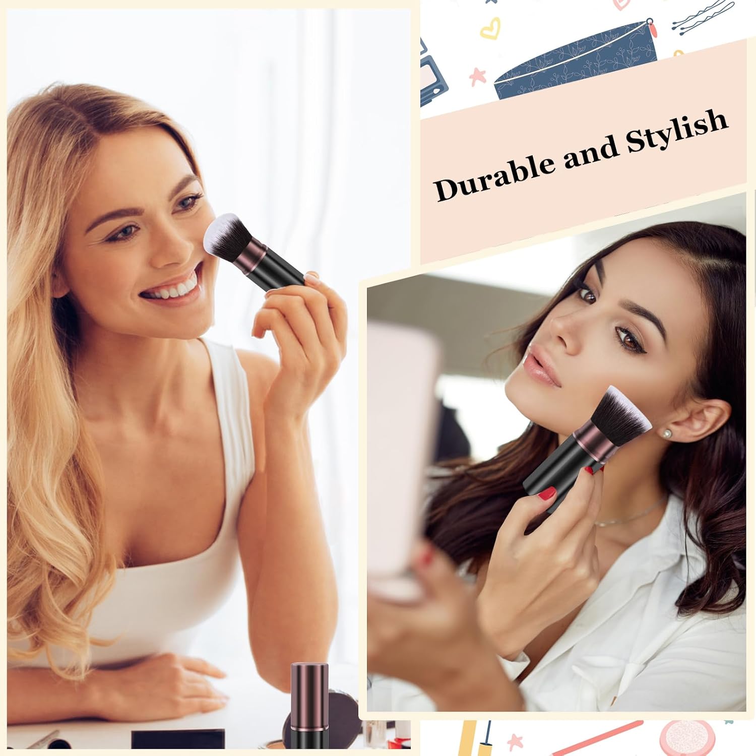 Makeup Brushes, Retractable 2 Pack Travel Kabuki Blush Makeup Brush Face Powder Foundation Brushes for Blending Liquid, Blush, Bronzer, Buffing, Sunscreen,Flawless Cosmetics-GlimoraGlow