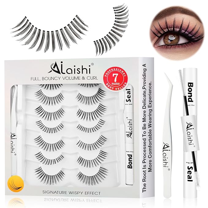 Wispy False Eyelashes Kit With Bond, Seal and Tweezer, 7 Pairs Natural Look Fake Cat Eye Lashes Strips Thin Band Extensions Waterproof Easy Eyelashes for Beginners DF99#-GlimoraGlow