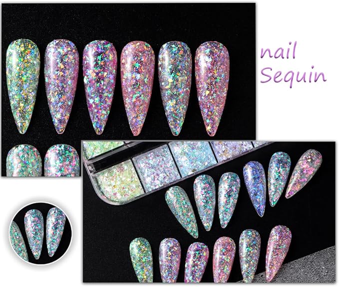 12 Colors Mermaid nail art glitter sequins Iridescent Ice Slag nail glitter flakes Ultra Thin Nail Art Designs 3D holographic nail sequins for Nail Art Supplies Manicure Decoration Accessories-GlimoraGlow