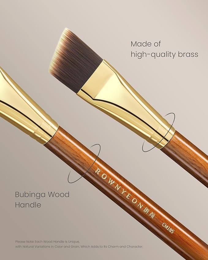 Desert Oak Series Angled Foundation Brush - 20mm Thin Contour Head for Cream/Stick Foundation, Precision Buffing & Detailing, Bubinga Handle & Brass Ferrule (CM 185)-GlimoraGlow
