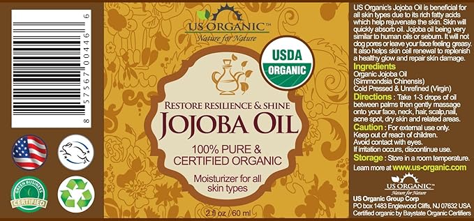 US Organic Jojoba Oil, USDA Certified Organic,100% Pure & Natural, Cold Pressed Virgin, Unrefined, Haxane Free, Sourced from Middle East directly (Small (2oz, 56ml))-GlimoraGlow