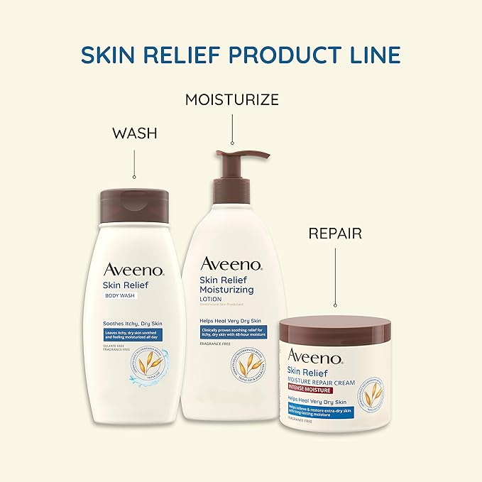 Aveeno Skin Relief Fragrance-Free Moisturizing Lotion for Sensitive Skin, with Natural Shea Butter & Triple Oat Complex, Unscented Therapeutic Body Lotion for Itchy, Extra-Dry Skin, 18 fl. oz-GlimoraGlow