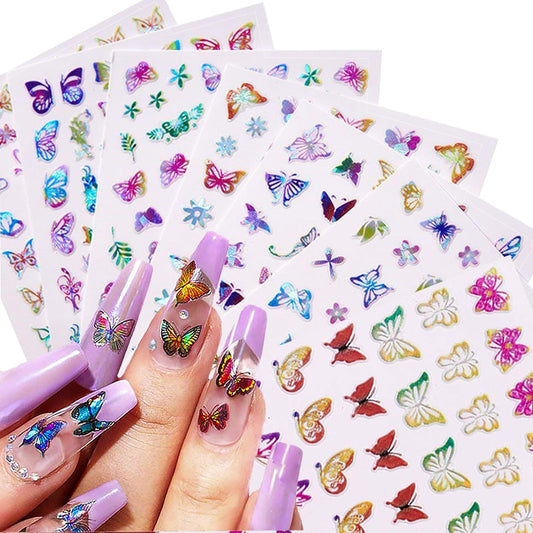 16 Sheets Butterfly Nail Art Stickers 3D Colorful Butterfly Self-Adhesive Design Nail Decals Pegatinas Uñas Holographic Laser Butterfly Nail Supplies for Women Acrylic Nail Art Decoration Accessories-GlimoraGlow