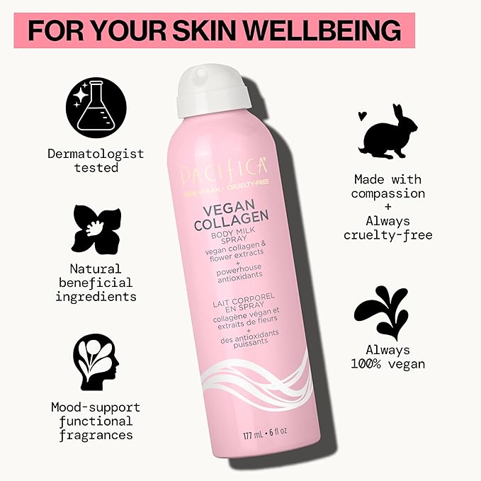 Pacifica Spray Lotion for Body - Vegan Collagen Body Milk Spray – Hydrating Moisturizer Mist Fast-Absorbing Instantly Hydrates & Softens Skin Jasmine & Vanilla Natural Scent Clean Beauty Non-Aerosol-GlimoraGlow