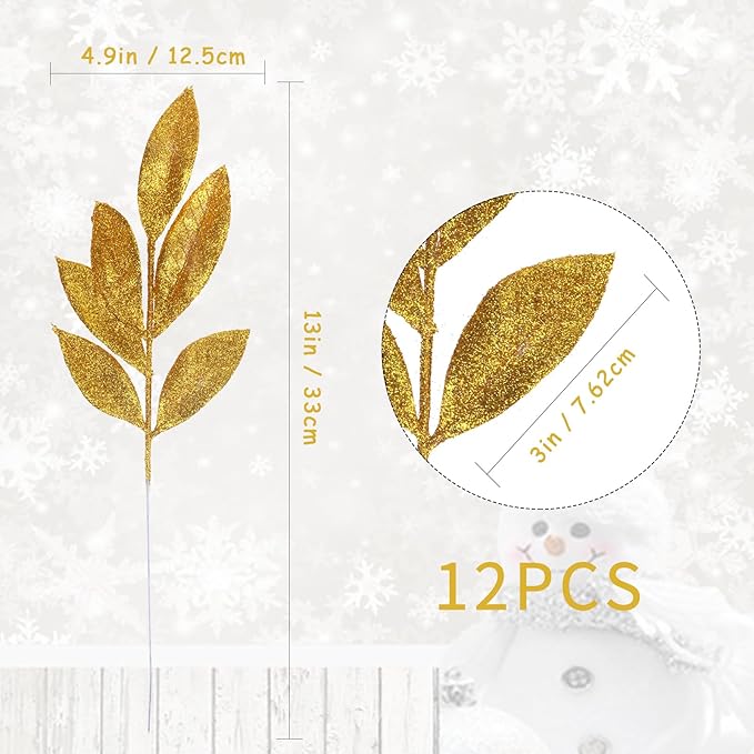 GREENTIME 12 Pack Artificial Golden Glitter Leaves 13" Fake Christmas Picks Decorative Glitter Sticks for Vase Christmas Tree DIY Wreath Crafts Fireplace Decor
