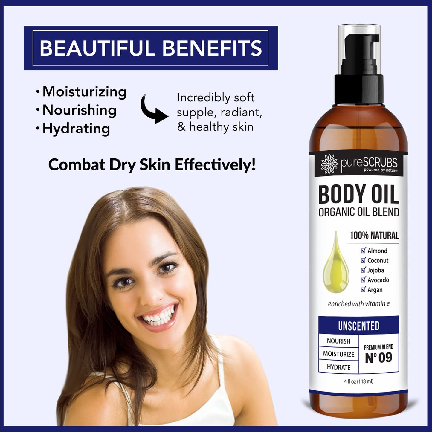 pureSCRUBS Ultra Moisturizing Unscented Body Oil Spray for Dry Skin, Massage, Stretch Marks, Organic Super Blend of Jojoba, Argan, Coconut, Sweet Almond & Avocado Oils Enriched with Vitamin E, Lg 4oz-GlimoraGlow