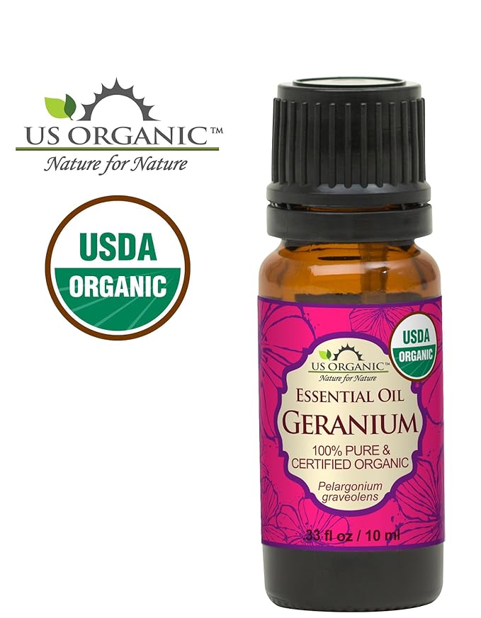 US Organic 100% Pure Geranium Essential Oil - USDA Certified Organic, Steam Distilled - W/Euro droppers (More Size Variations Available) (10 ml / .33 fl oz)-GlimoraGlow