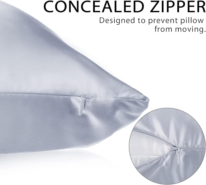 2 Pack Satin Pillowcase with Latent Zipper, Adjustable Satin Eye Mask for Sleeping and Satin Volume Scrunchie for Hair and Skin, Standard Size (Silver,Classic Style)-GlimoraGlow