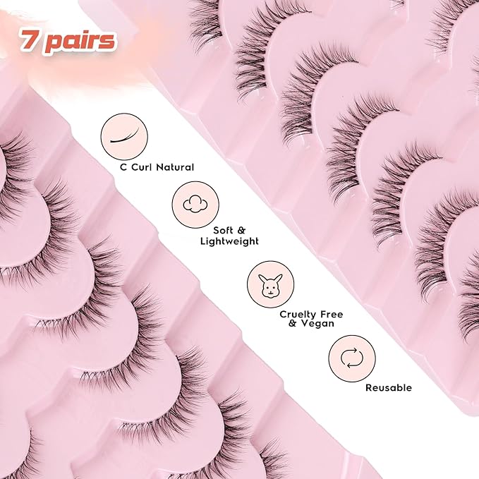Cat Eyelashes Natural Eye Lashes 12mm False Lashes Wispy Thin Band 3D Volume Fake Eyelash C Curl Lash Pack Natural Look 7 Pair-GlimoraGlow