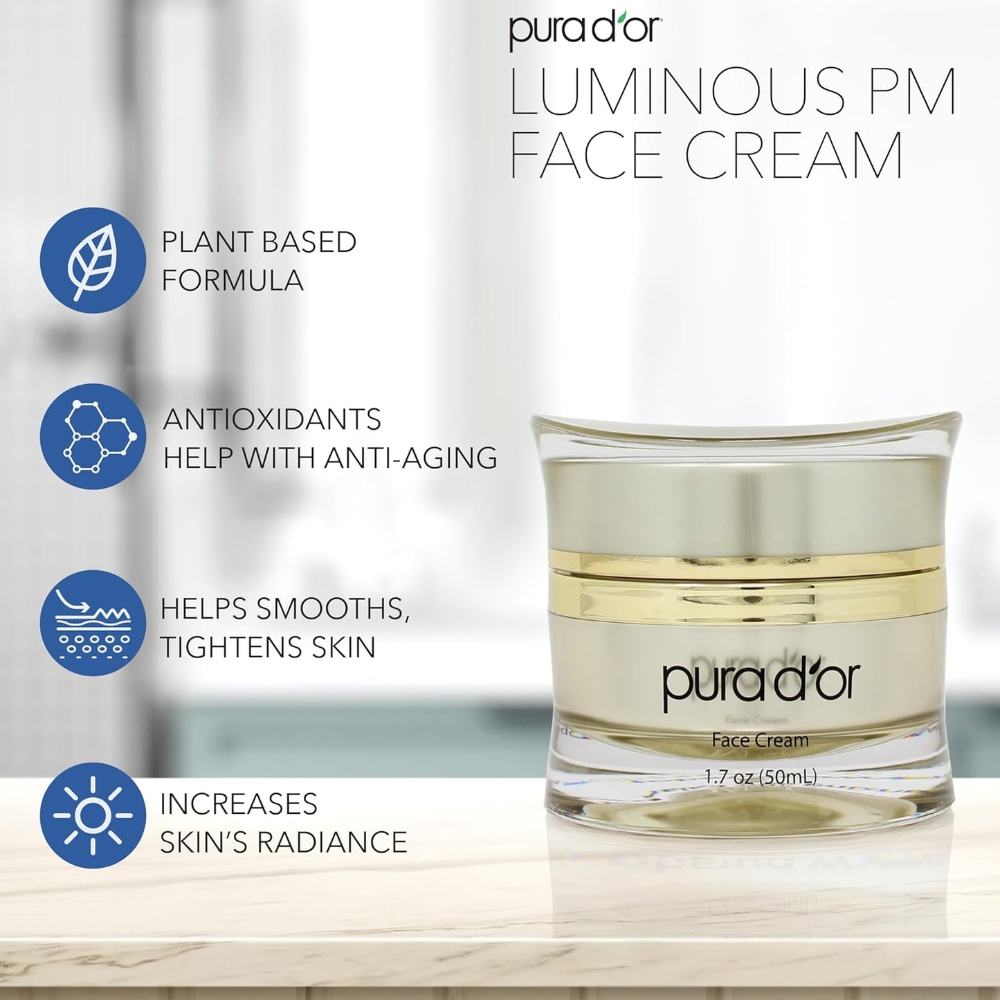 PURA D'OR 1.7 Oz Luminous PM Face Cream - Methylene Blue, Marine Collagen, Retinol, Peptides, Apple Stem Cell Extract - Anti-Aging Nighttime Moisturizer - Overnight Facial Treatment For Women & Men-GlimoraGlow