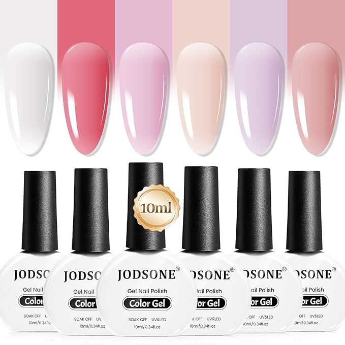 JODSONE 10ml Jelly Gel Nail Polish Set 6 Pale Colours White Pale Red Soft Pink Natural Nude Pale Purple Fresh Pink Purple All Seasons Neutral Soak off LED Lamp Gel Manicure Set for Nail Art-GlimoraGlow